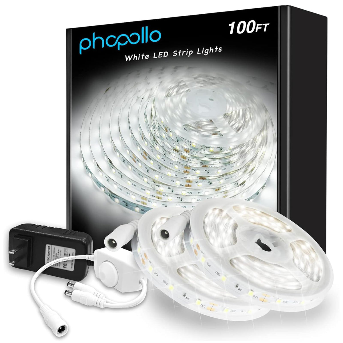 phopollo white LED strip lights, 100ft two-roll setup for expansive room illumination