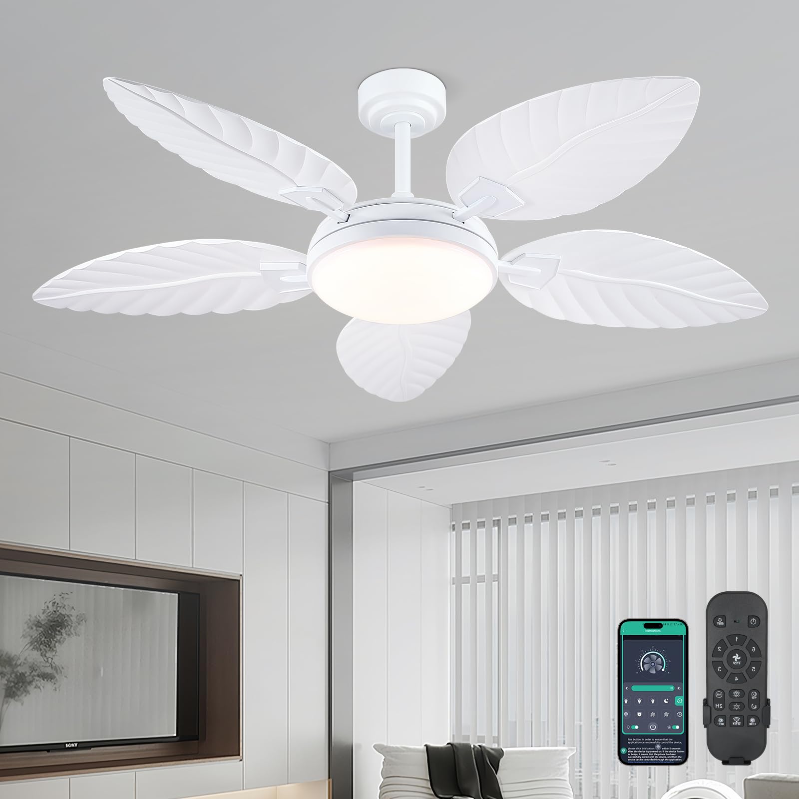 PHORUS 52-inch palm leaf ceiling fan blades showcasing tropical design and airflow
