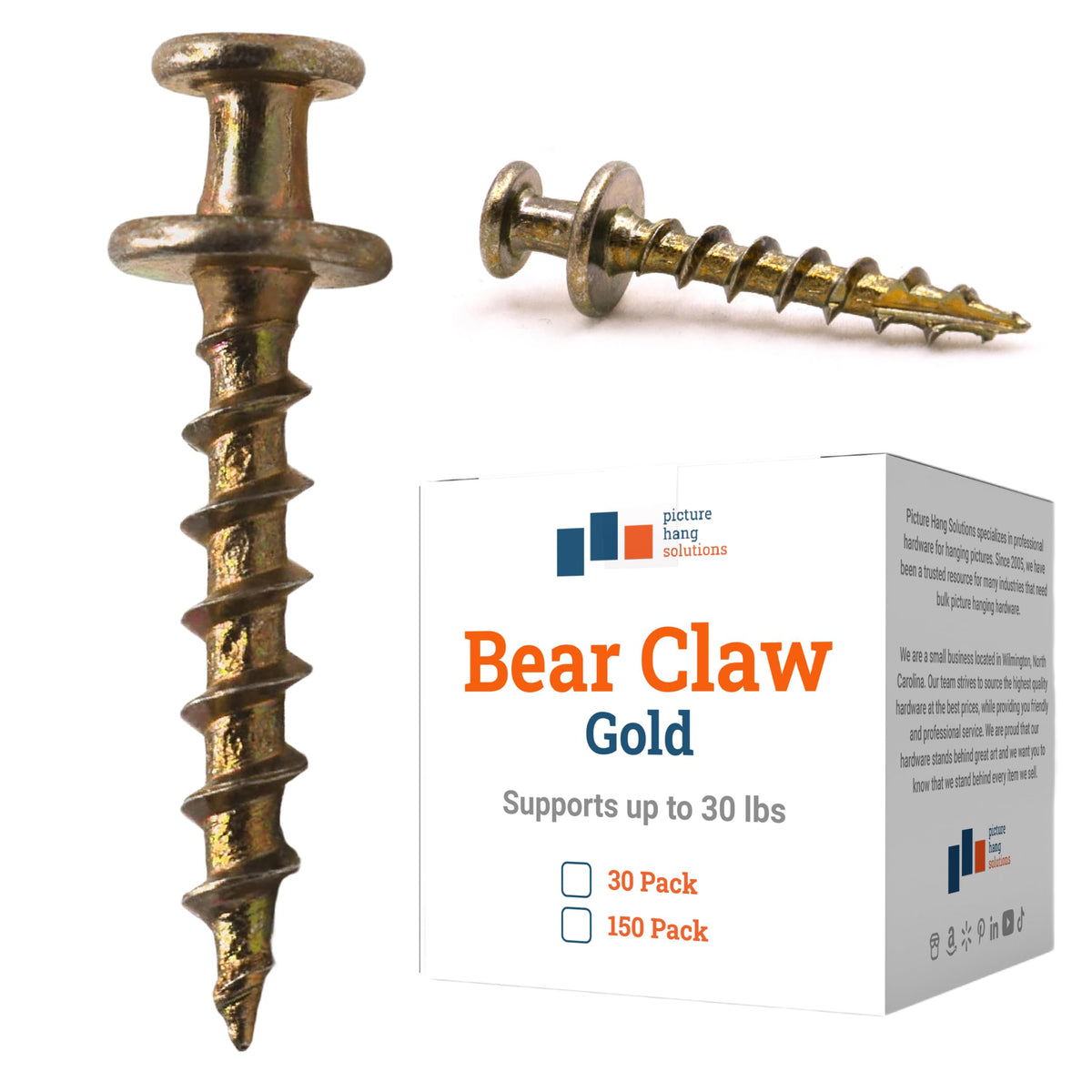 PHS Bear Claw screws in gold, 150-pack, 1 inch, secure frame mounting for walls
