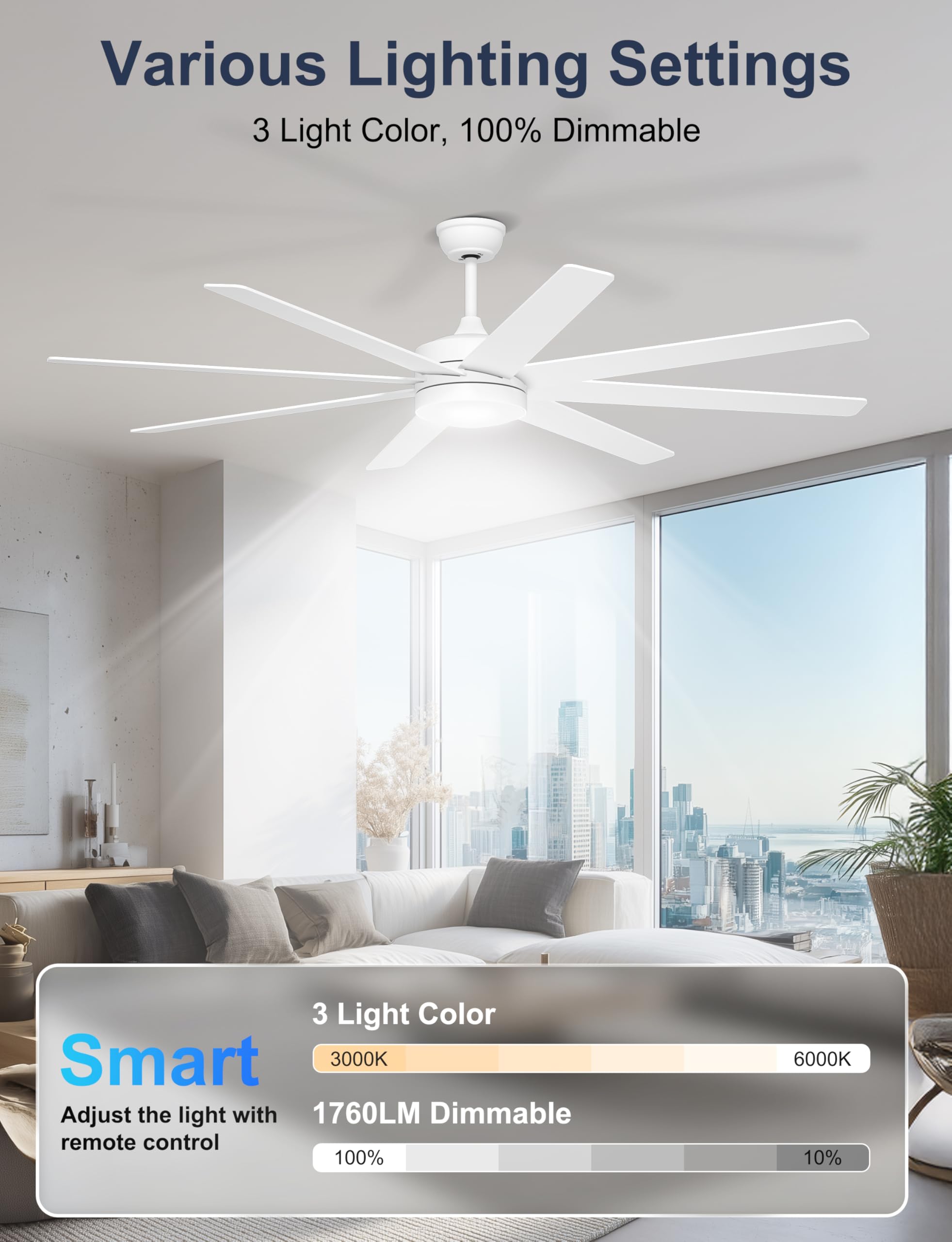 Phylluz dimmable lighting with warm, cool, and neutral options.