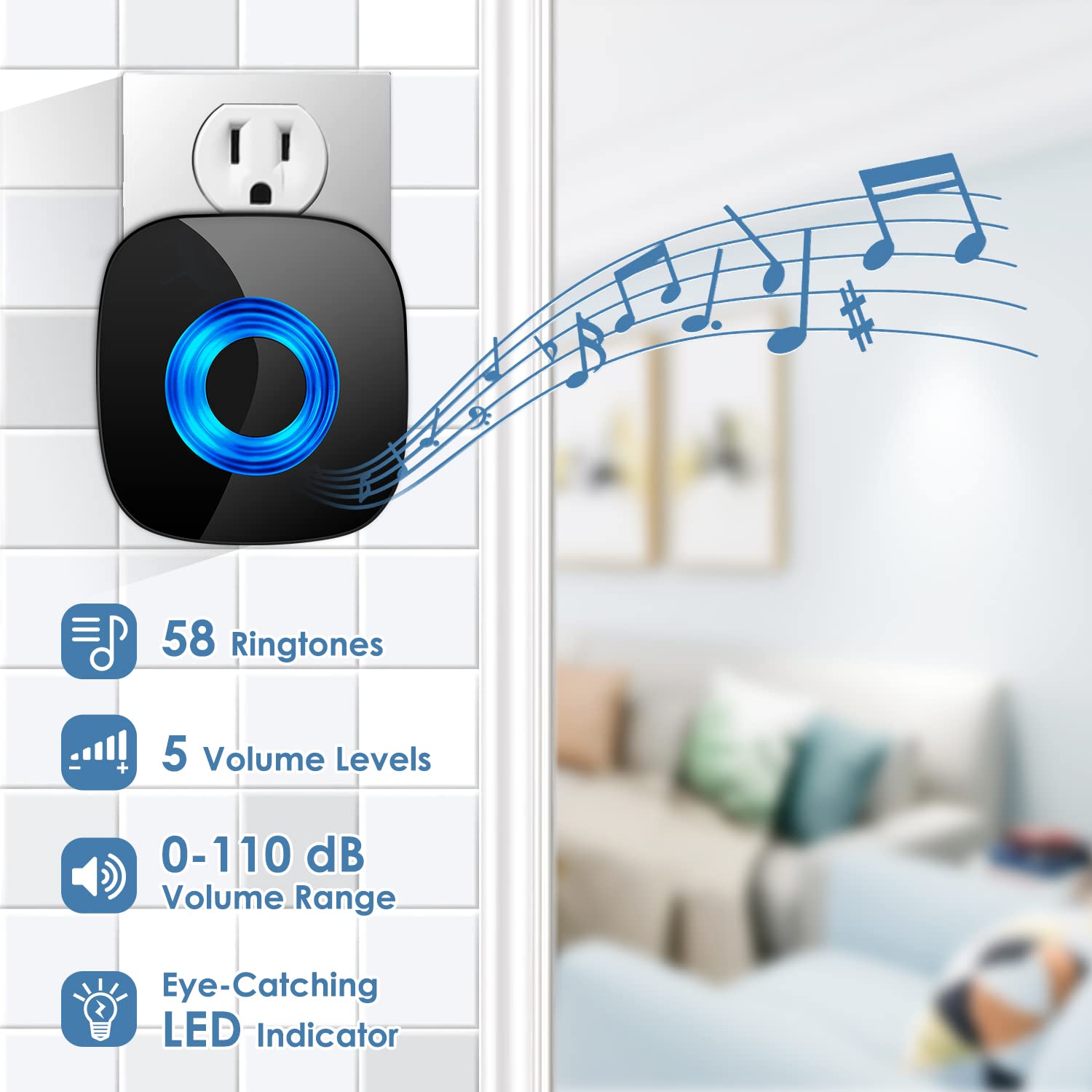 PHYSEN doorbell receiver plugged into outlet delivers instant chimes in any room.