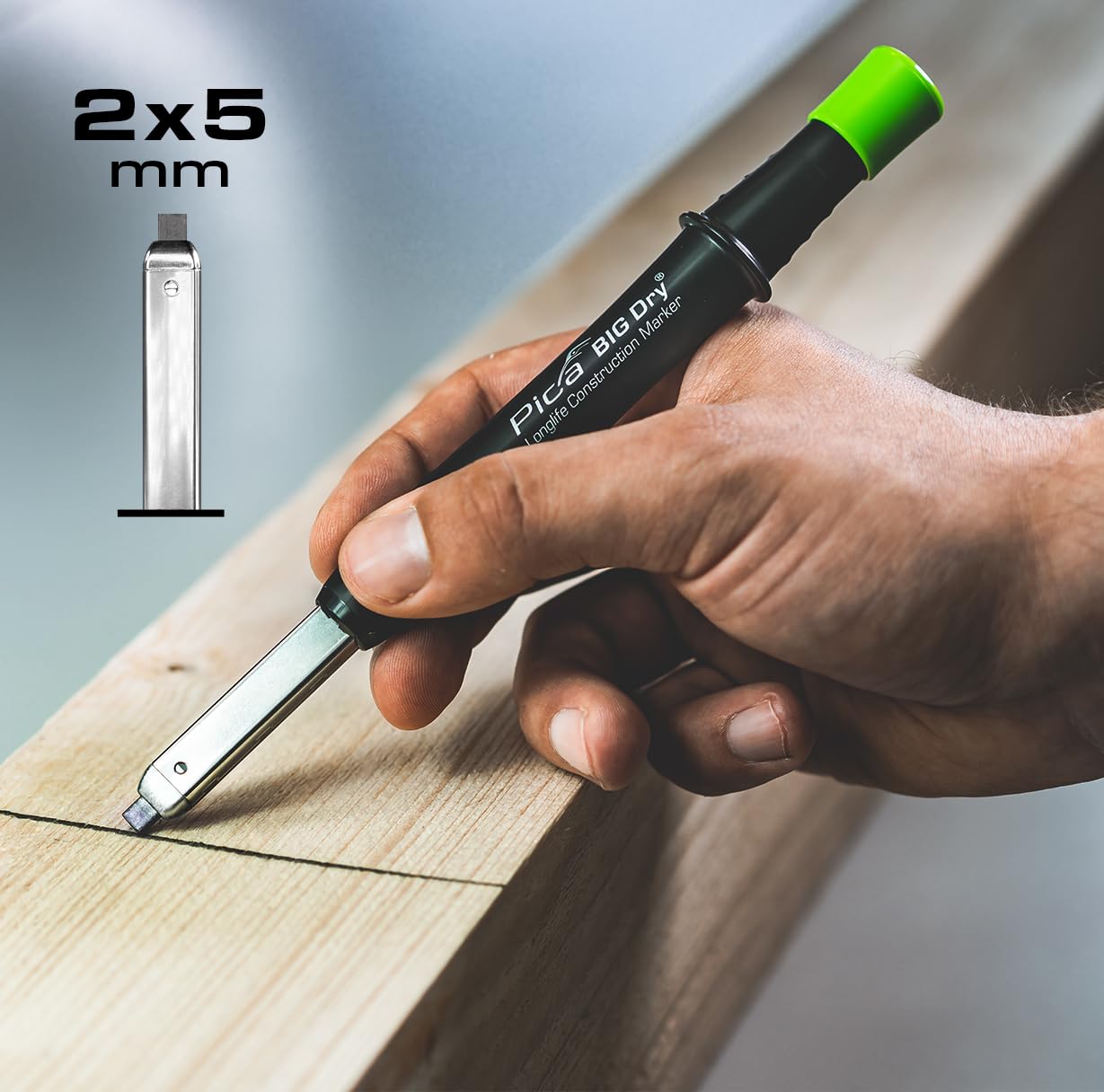Pica Big Dry Marker for Construction graphite lead in action on timber surface