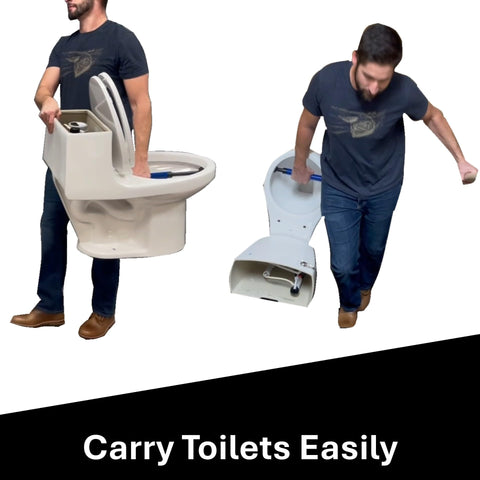 Pick Up Stix demonstrates moving a toilet with one hand for easier positioning.