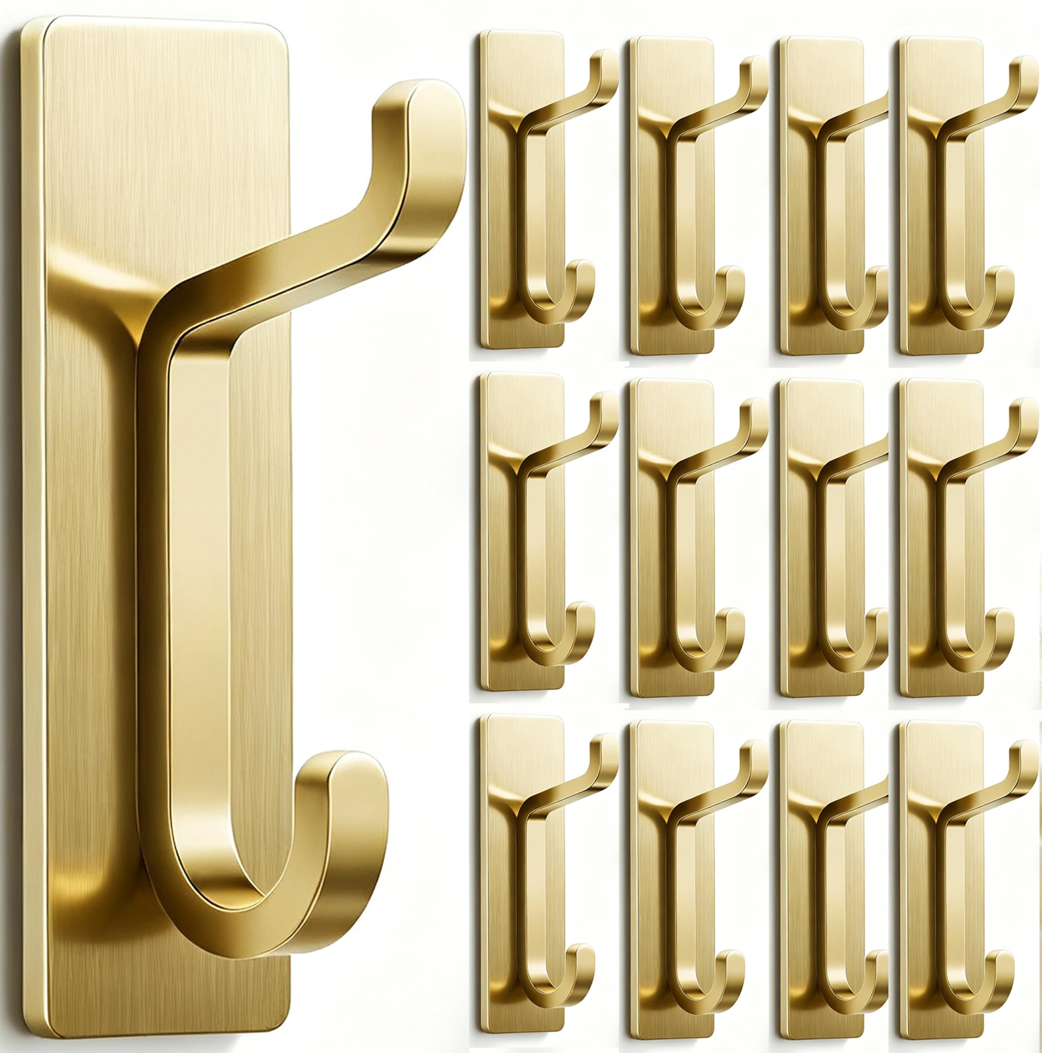 Pickpiff brushed gold wall hooks, 12-pack, strong adhesive for coats and towels.