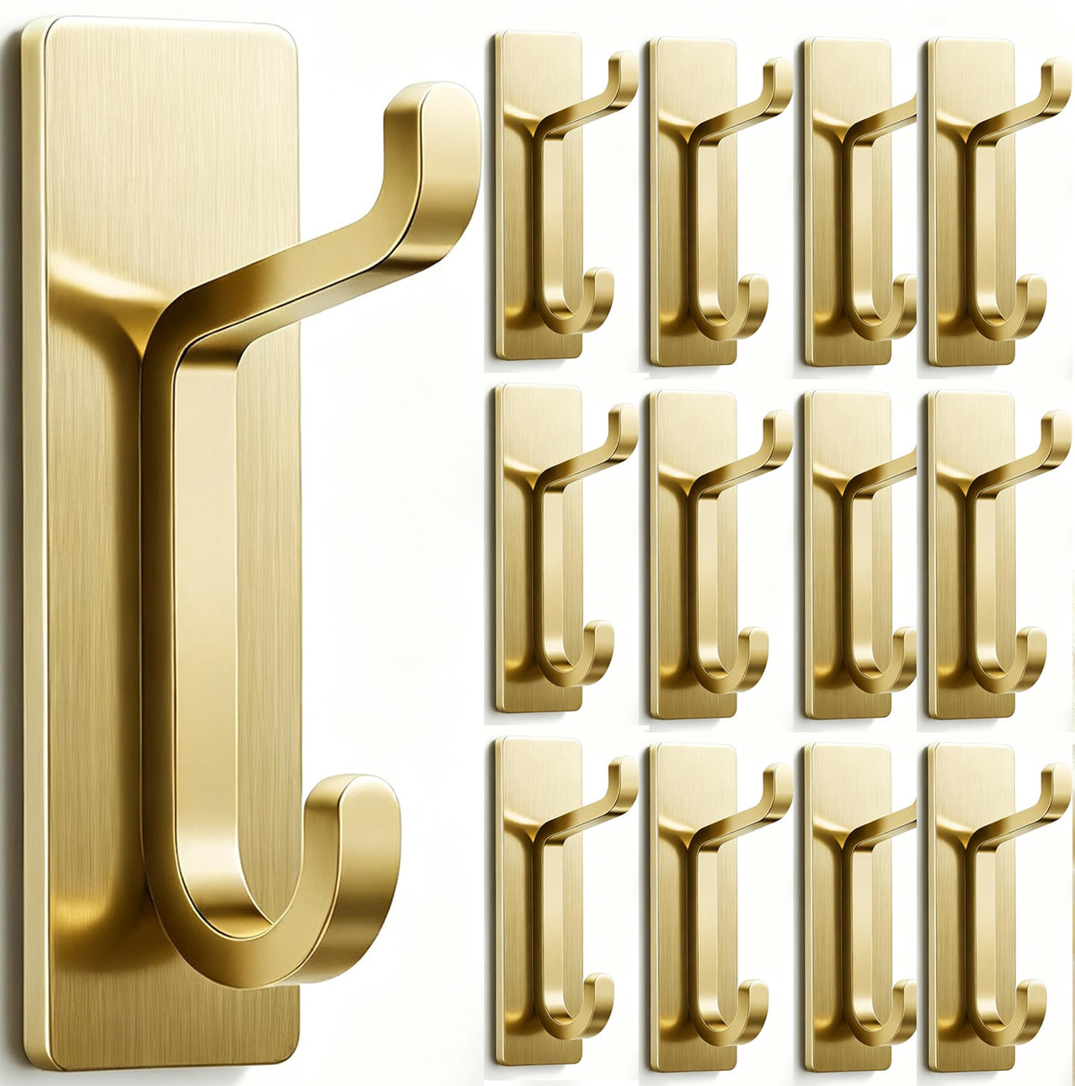 Pickpiff brushed gold wall hooks, 12-pack, strong adhesive for coats and towels.