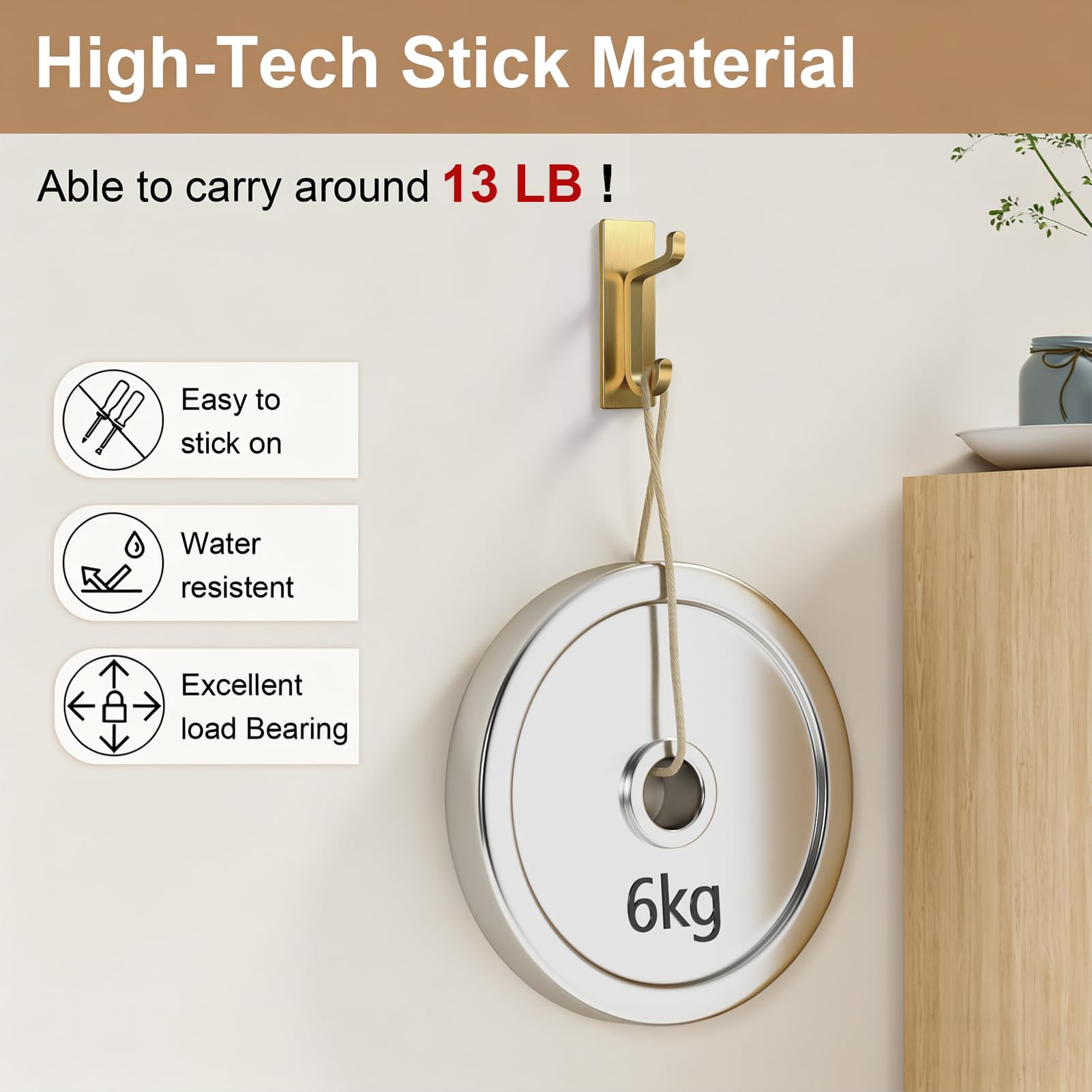 Pickpiff adhesive double-hook system, brushed gold finish, saves space.