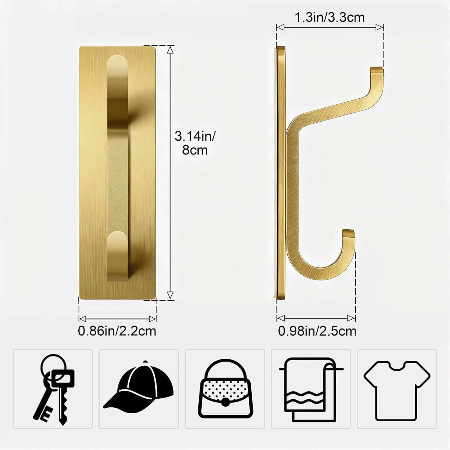 Pickpiff peel-and-stick wall hook, no drilling required, brushed gold.