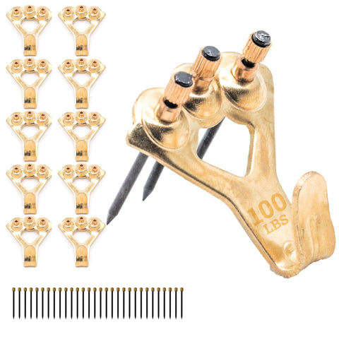 Picture Hang Solutions 100lb hanger with nails securing a heavy frame on drywall.