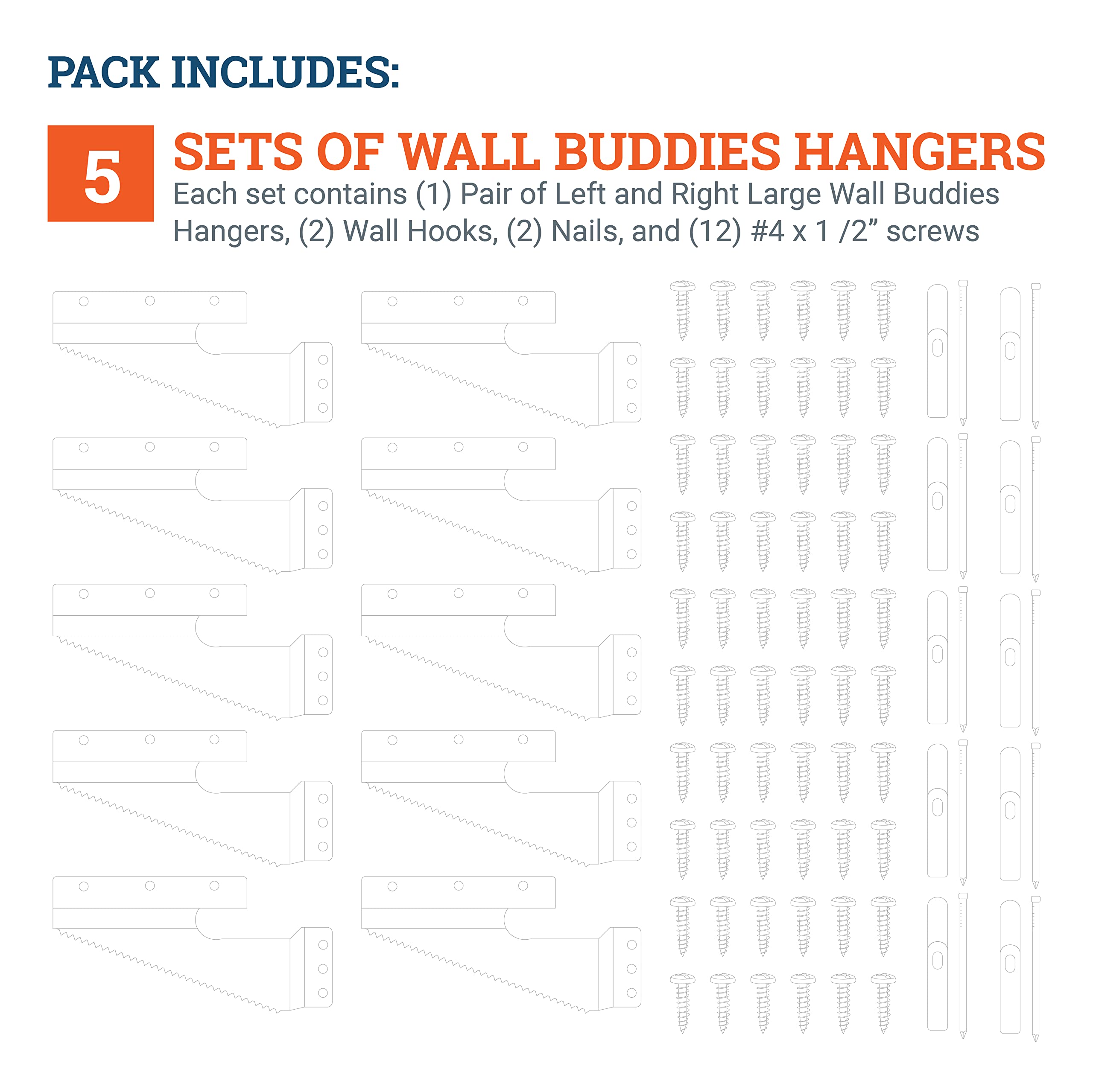 Picture Hang Solutions pack includes five sets with hooks nails and screws.
