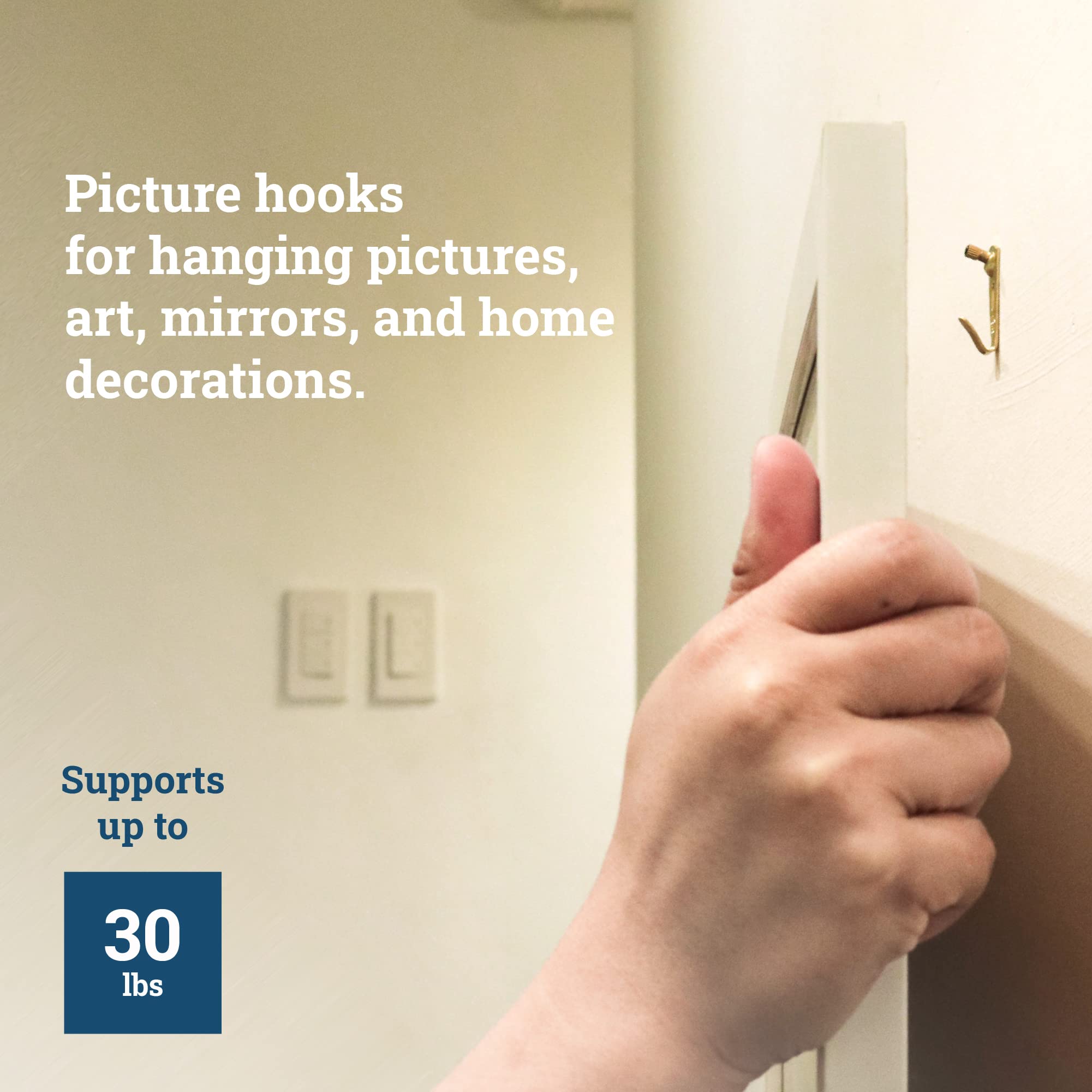 Brass-plated frame hooks with blue steel nails ensure reliable mounting