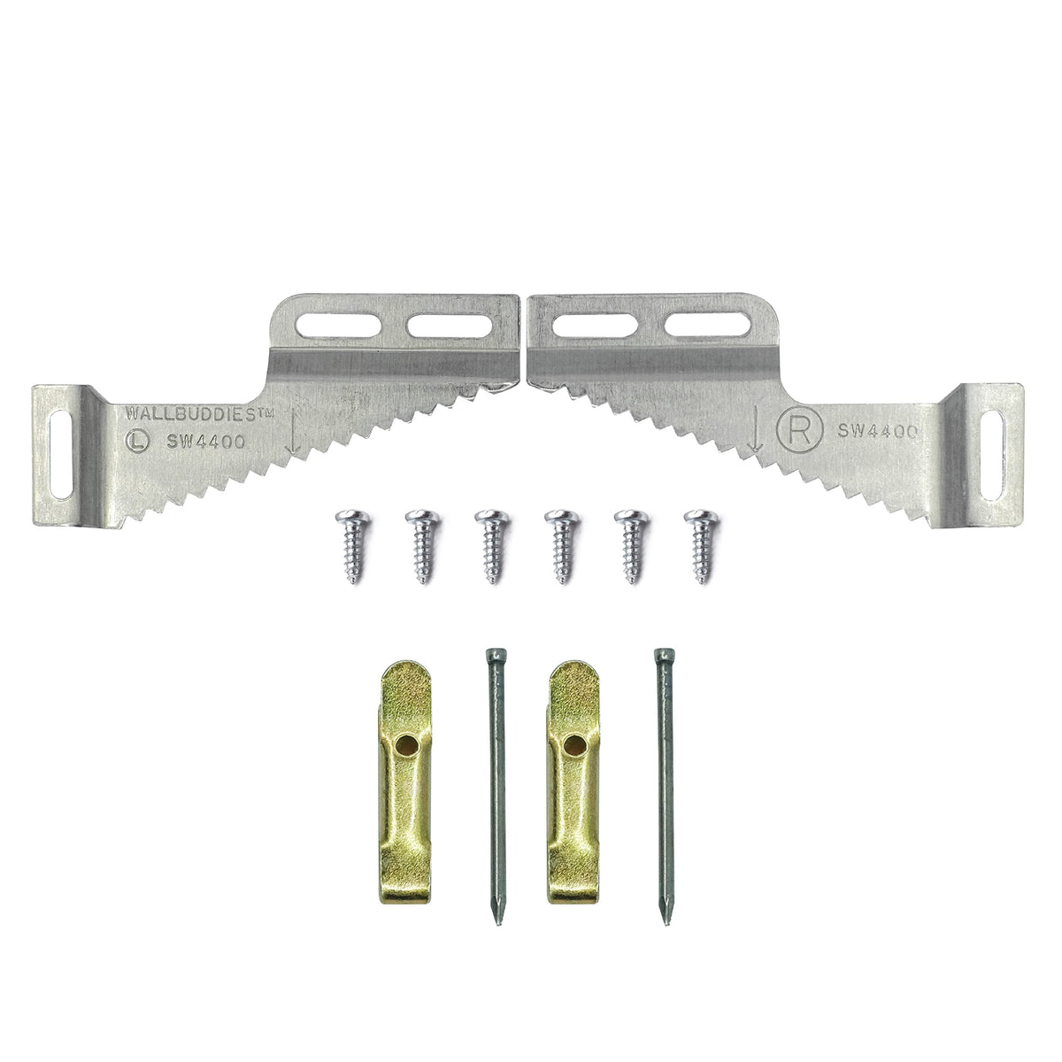 Picture Hang Solutions Wall Buddies small hanger on wood frame for secure display.