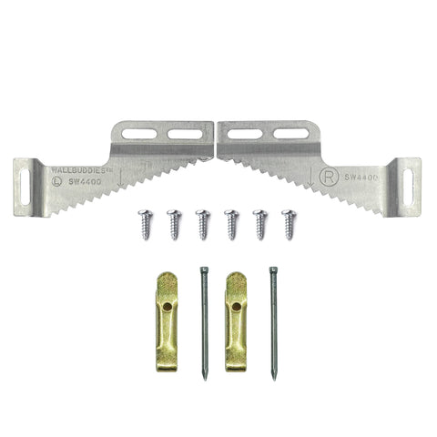 Picture Hang Solutions Wall Buddies small hanger on wood frame for secure display.