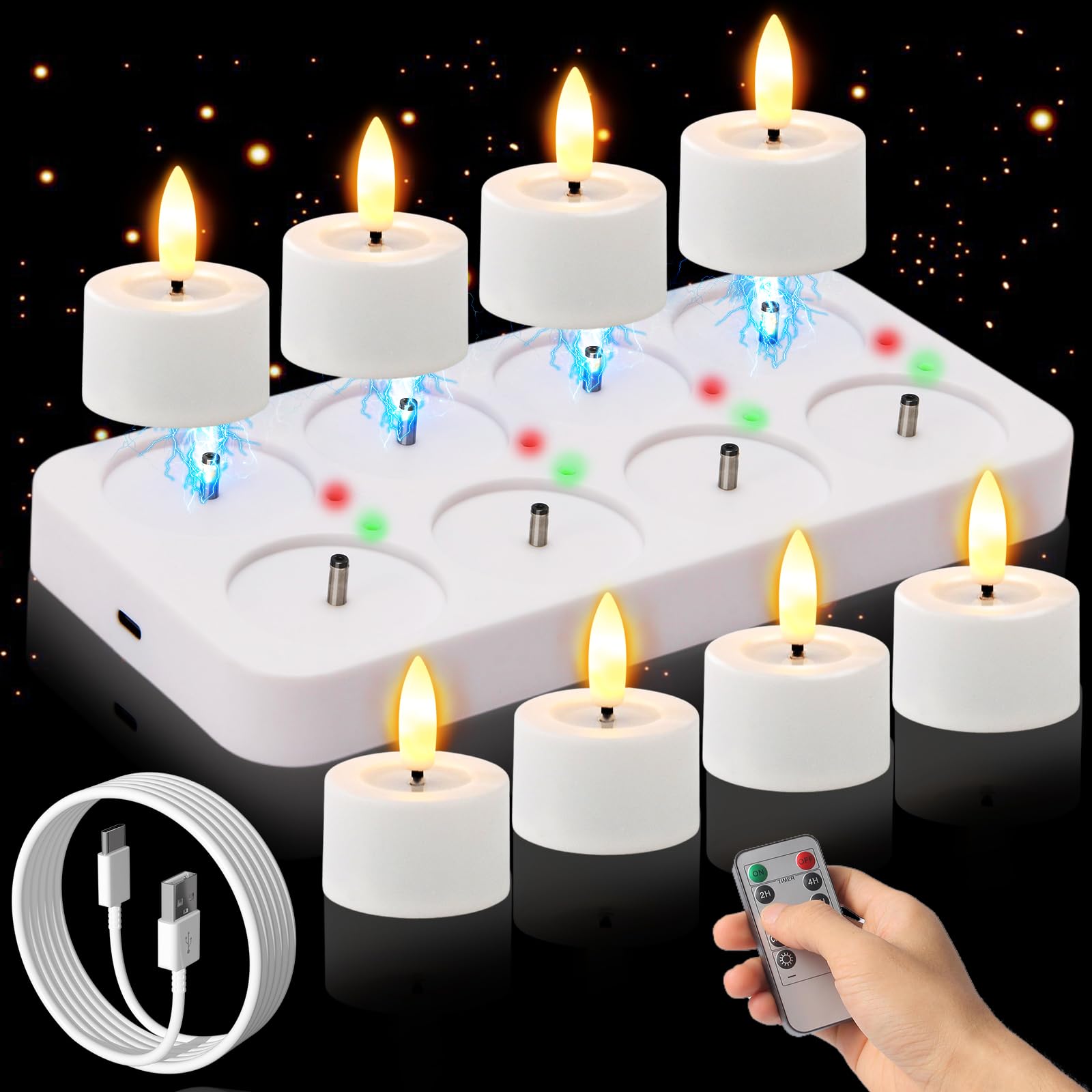 PIDZPOW rechargeable tea light with remote on charging base for effortless wedding decor.
