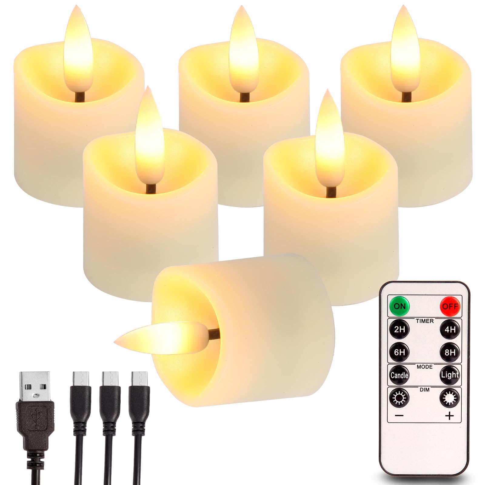 PIDZPOW six-pack rechargeable flameless tea lights for elegant centerpieces.