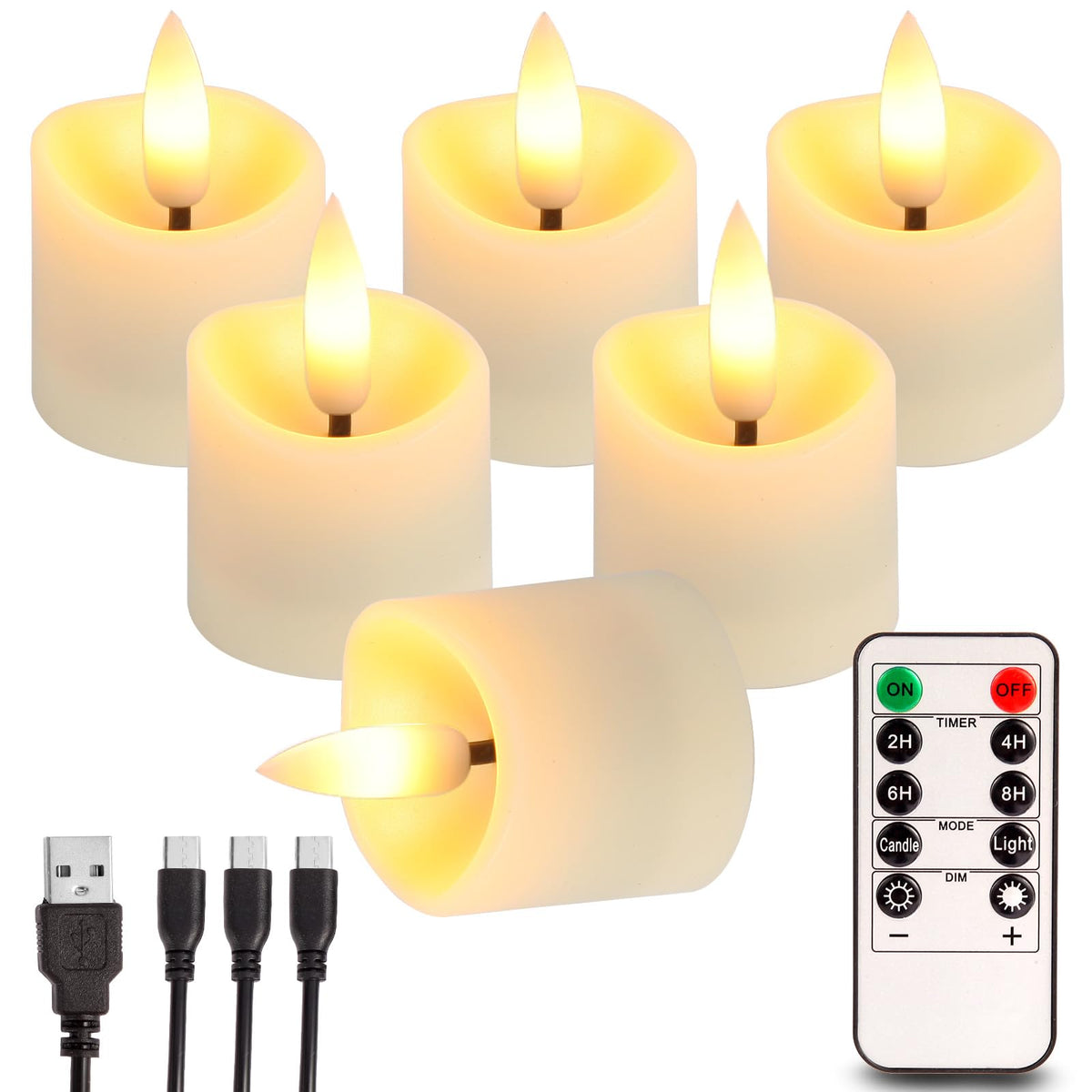 PIDZPOW six-pack rechargeable flameless tea lights for elegant centerpieces.