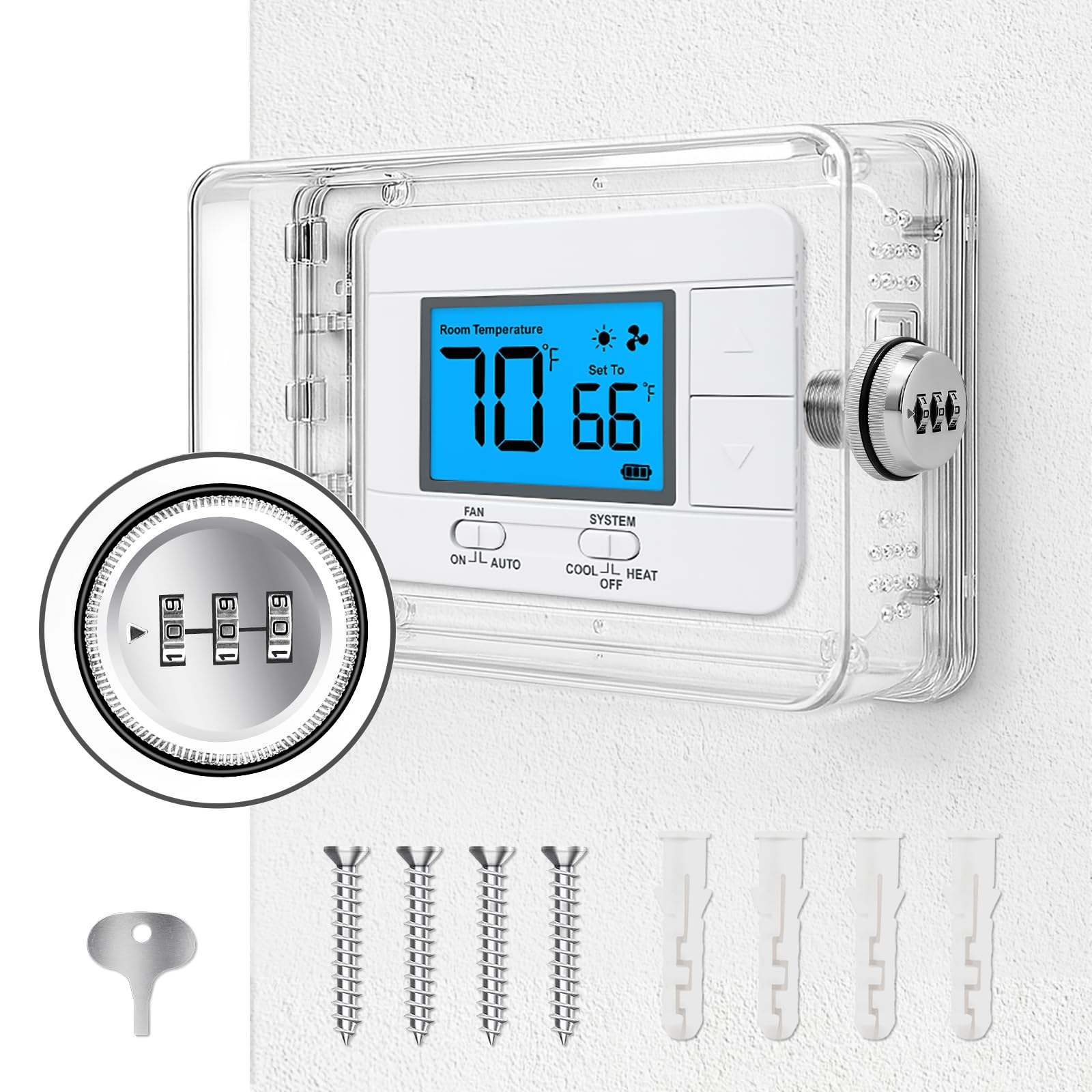 Pihode thermostat lock box front view showing locked, keyless protection