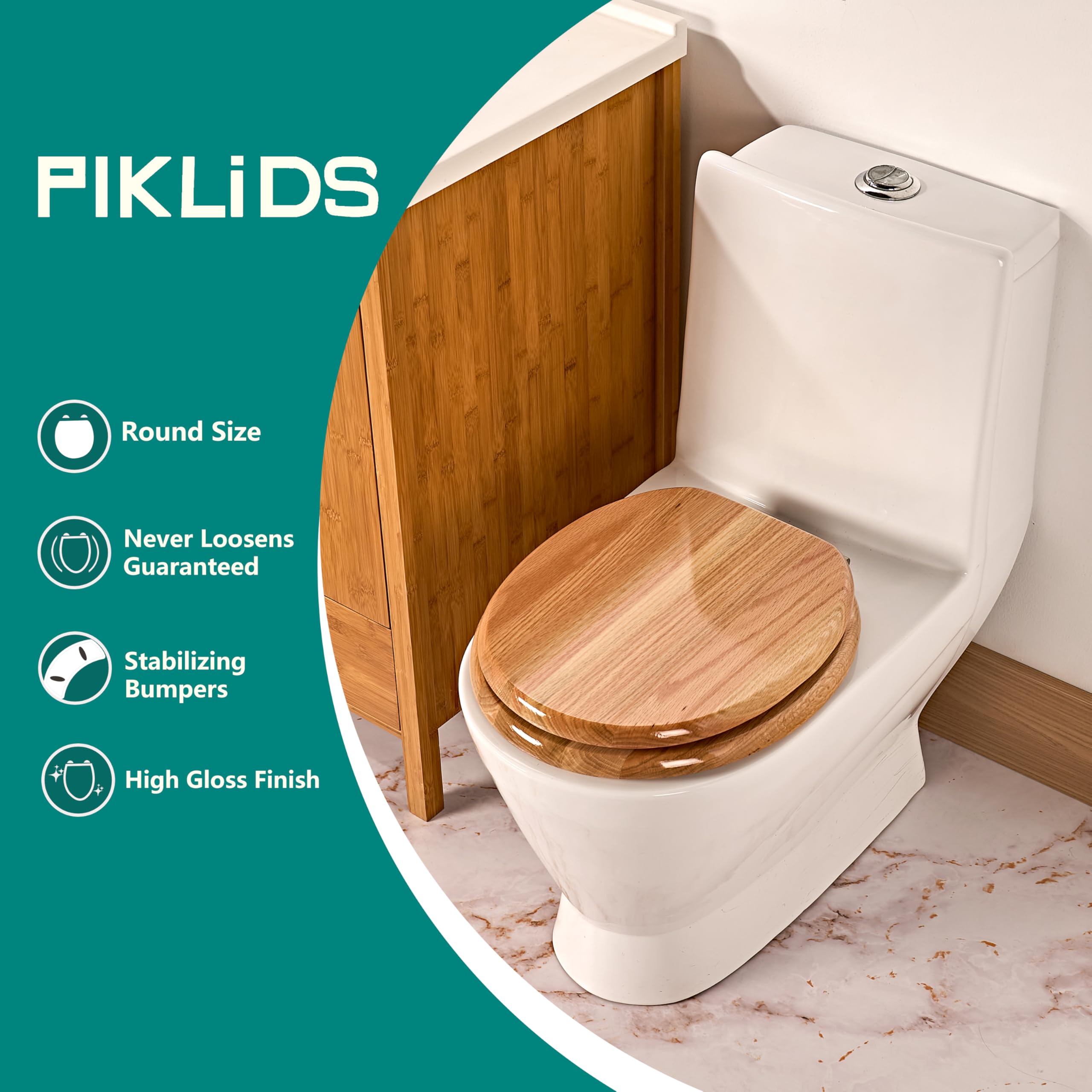 PIKLiDS toilet seat oak wood round-open depiction highlights sturdy construction during lid lifting.