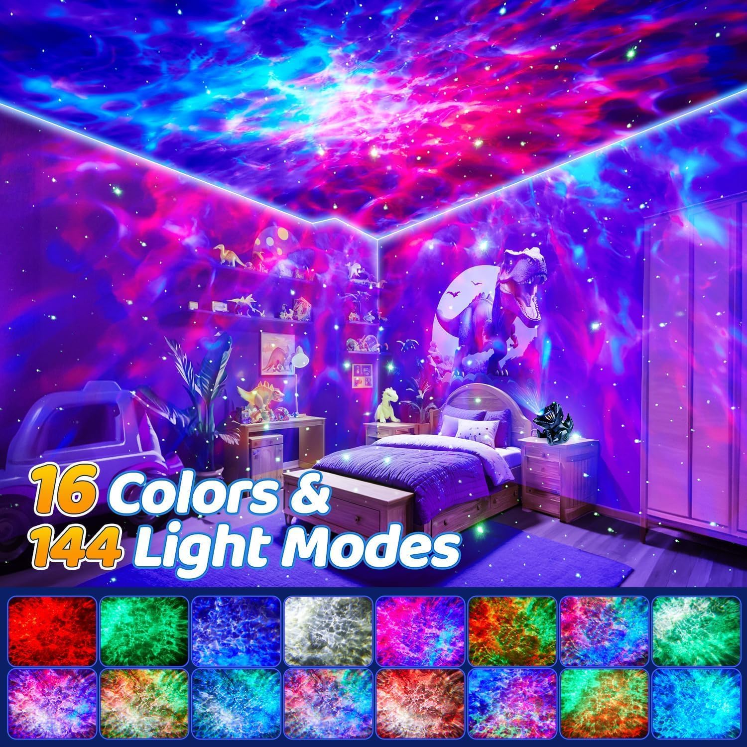 PIKOY galaxy light projector showing colorful ceiling stars with dinosaur theme