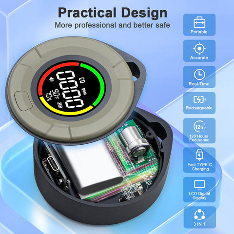 Pildegro CO detector LCD display showing real-time readings.