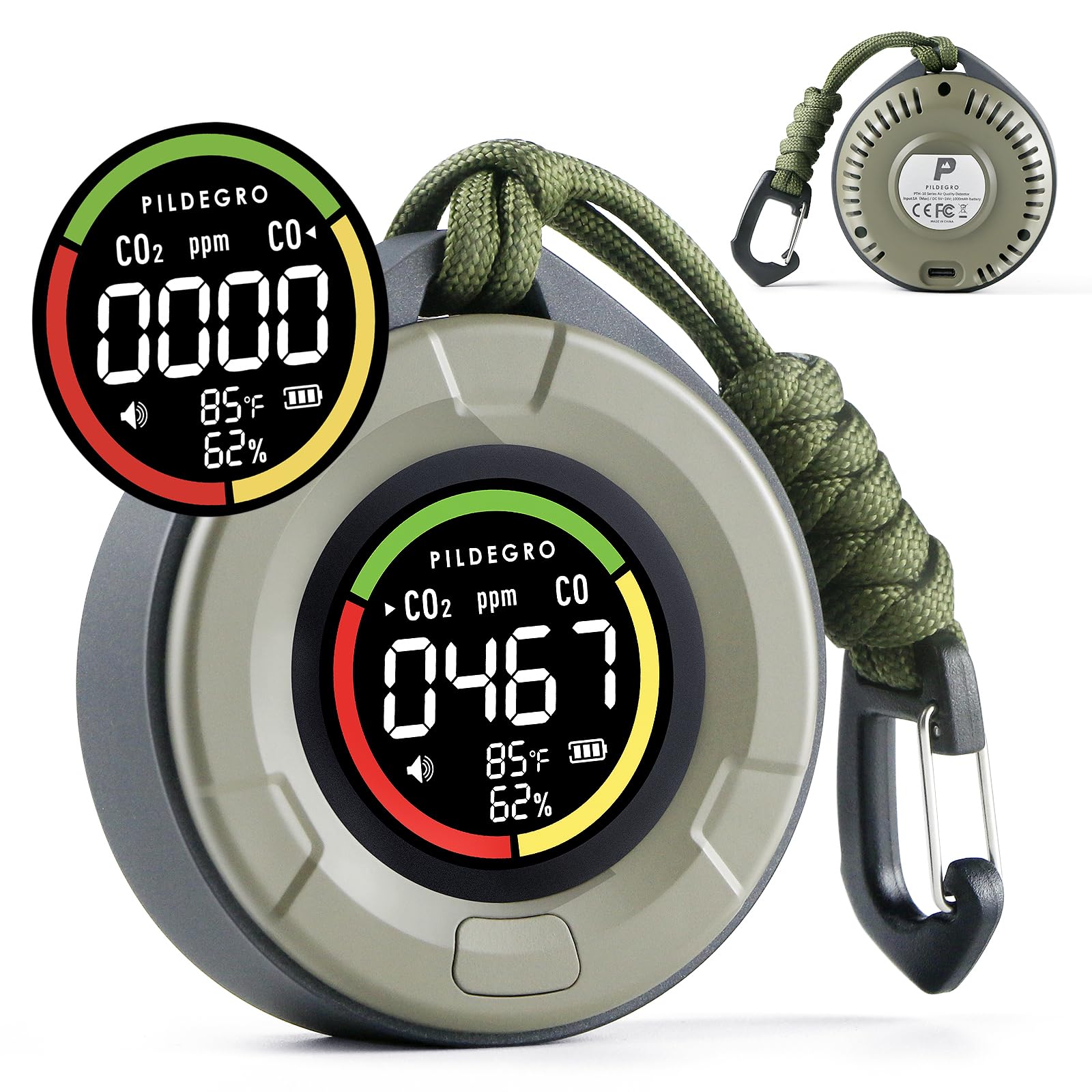 Pildegro 4-in-1 CO CO2 detector front view for travel safety