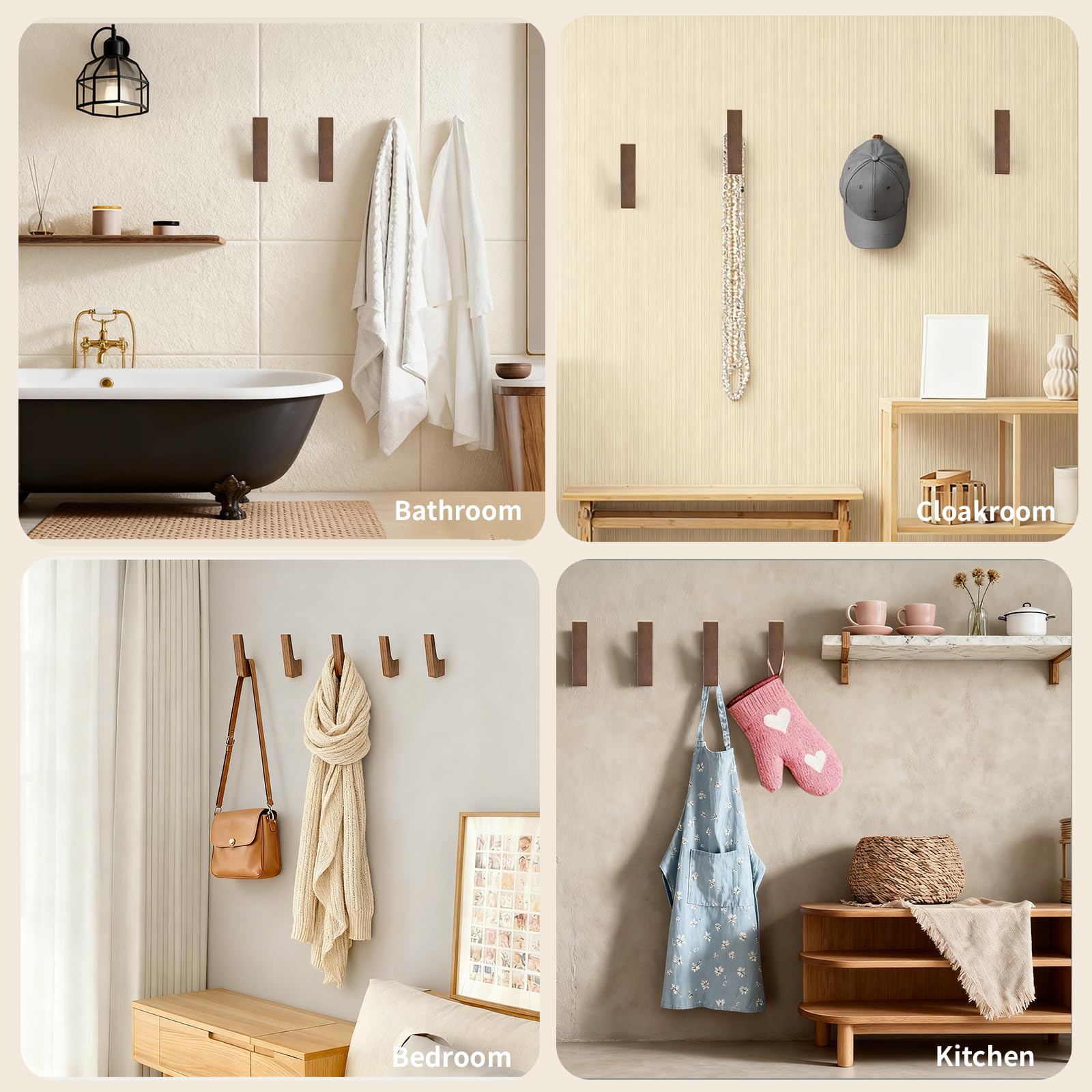 PinEther bedroom wall hooks for bags and accessories in walnut wood.