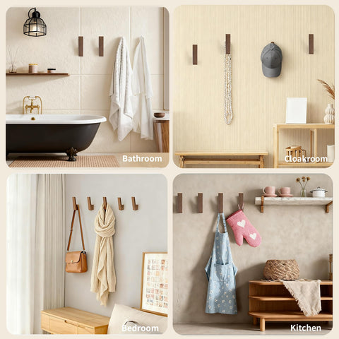PinEther bedroom wall hooks for bags and accessories in walnut wood.