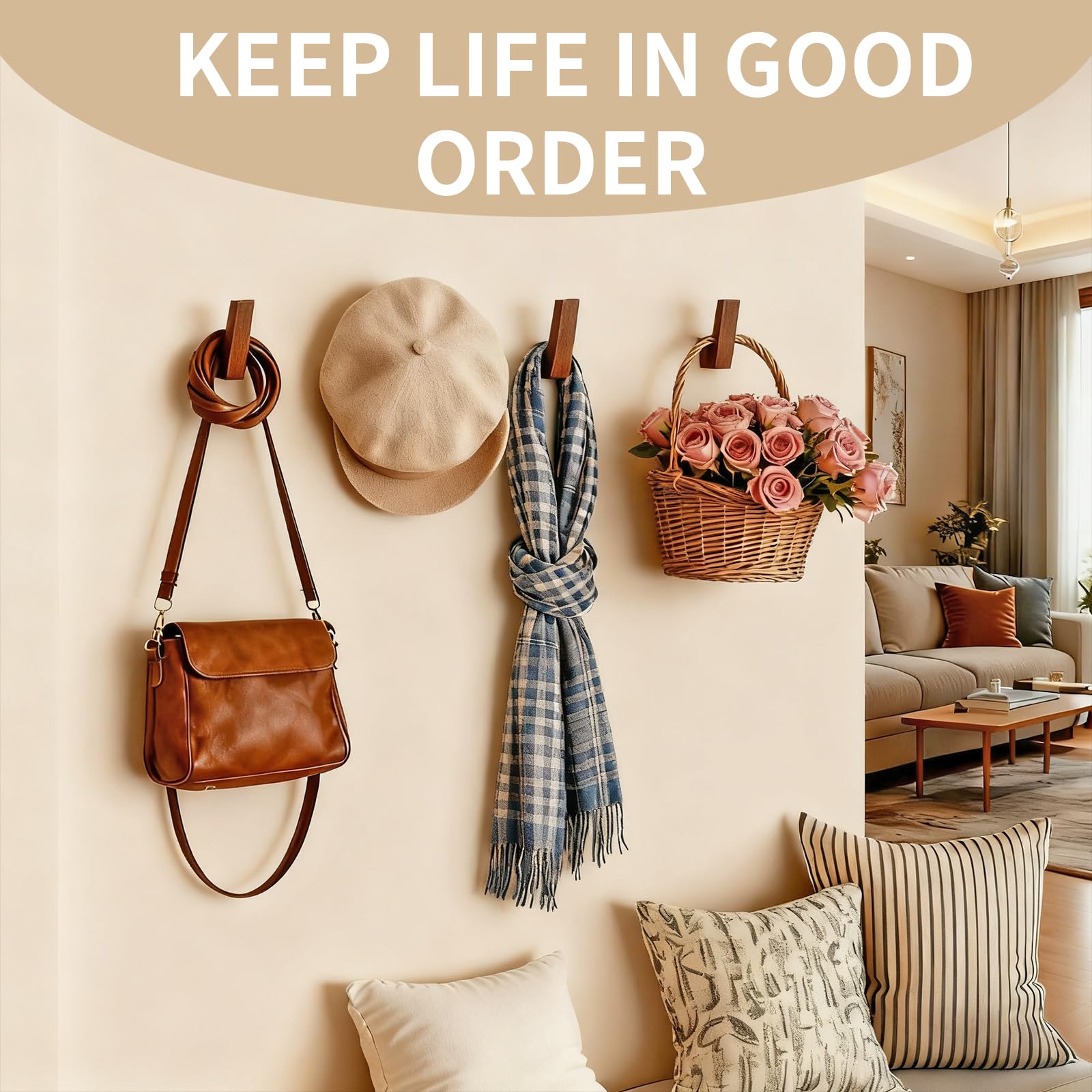 PinEther hidden-mount walnut hooks providing minimalist, seamless wall lines.