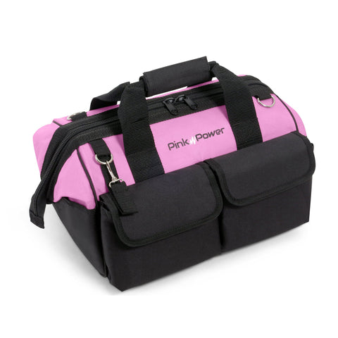 Pink Power 16-inch tool bag side view, lightweight DIY storage for work