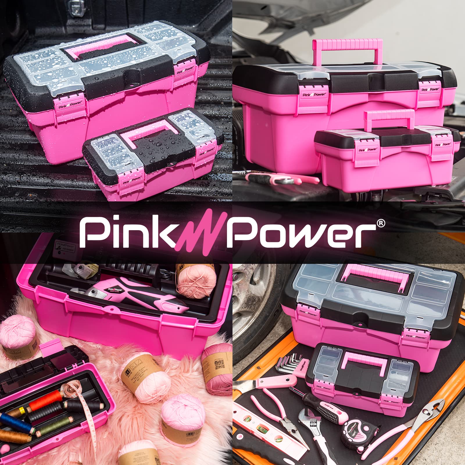 Pink Power portable craft storage box lightweight for on-the-go projects.