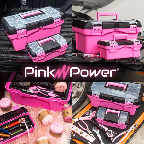 Pink Power portable craft storage box lightweight for on-the-go projects.