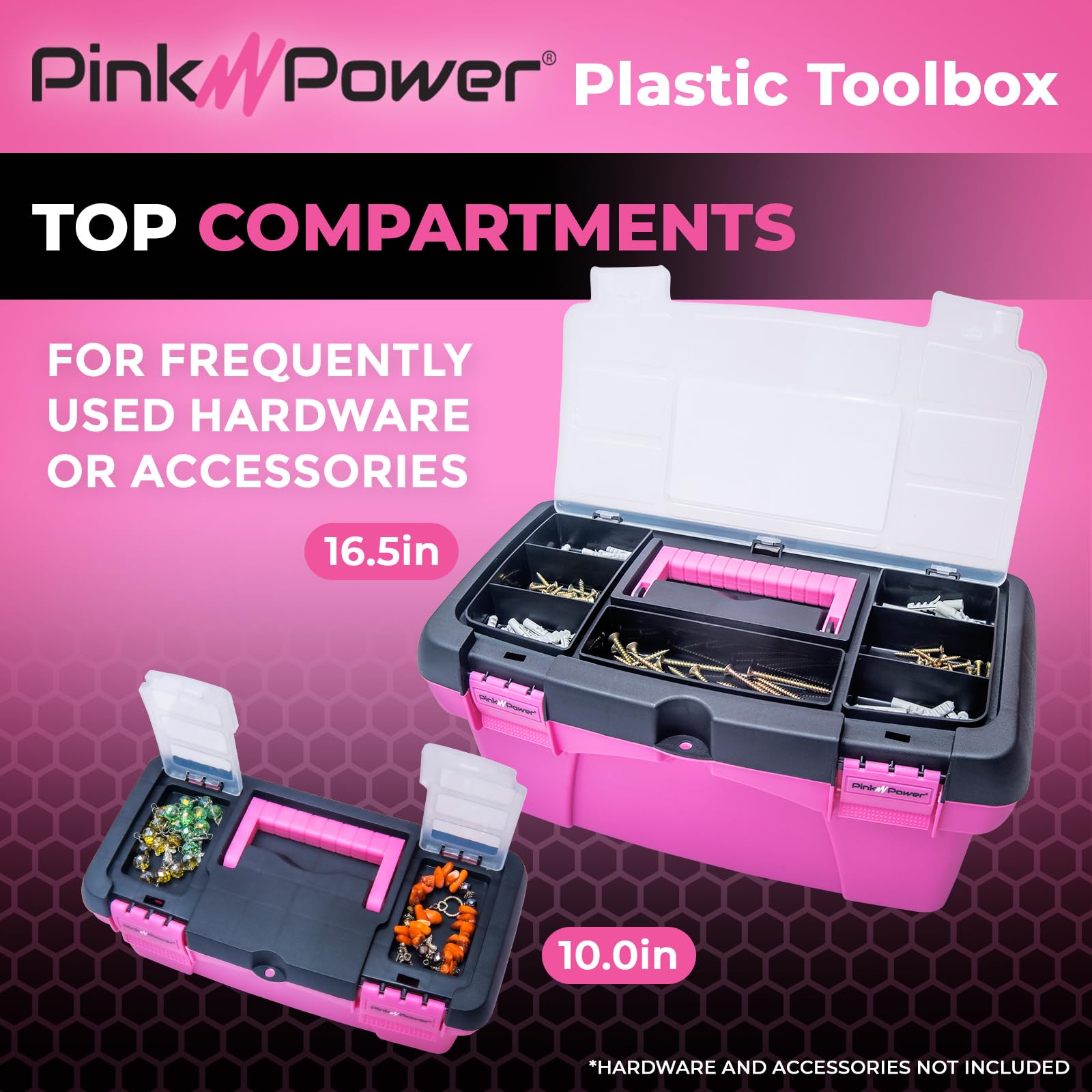 Pink Power mini toolbox with interior tray ideal for sewing supplies.
