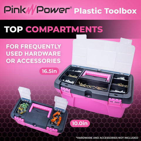 Pink Power mini toolbox with interior tray ideal for sewing supplies.