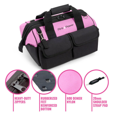 Pink Power padded shoulder strap enables comfortable carry for long jobs