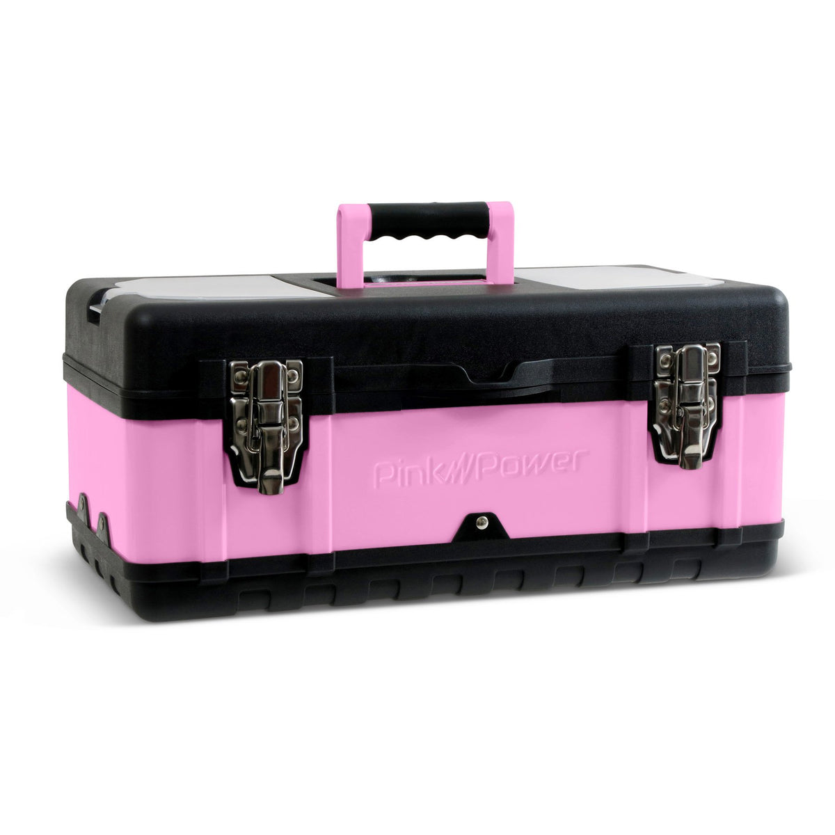Pink Power pink tool box lid compartments for quick access to small parts.