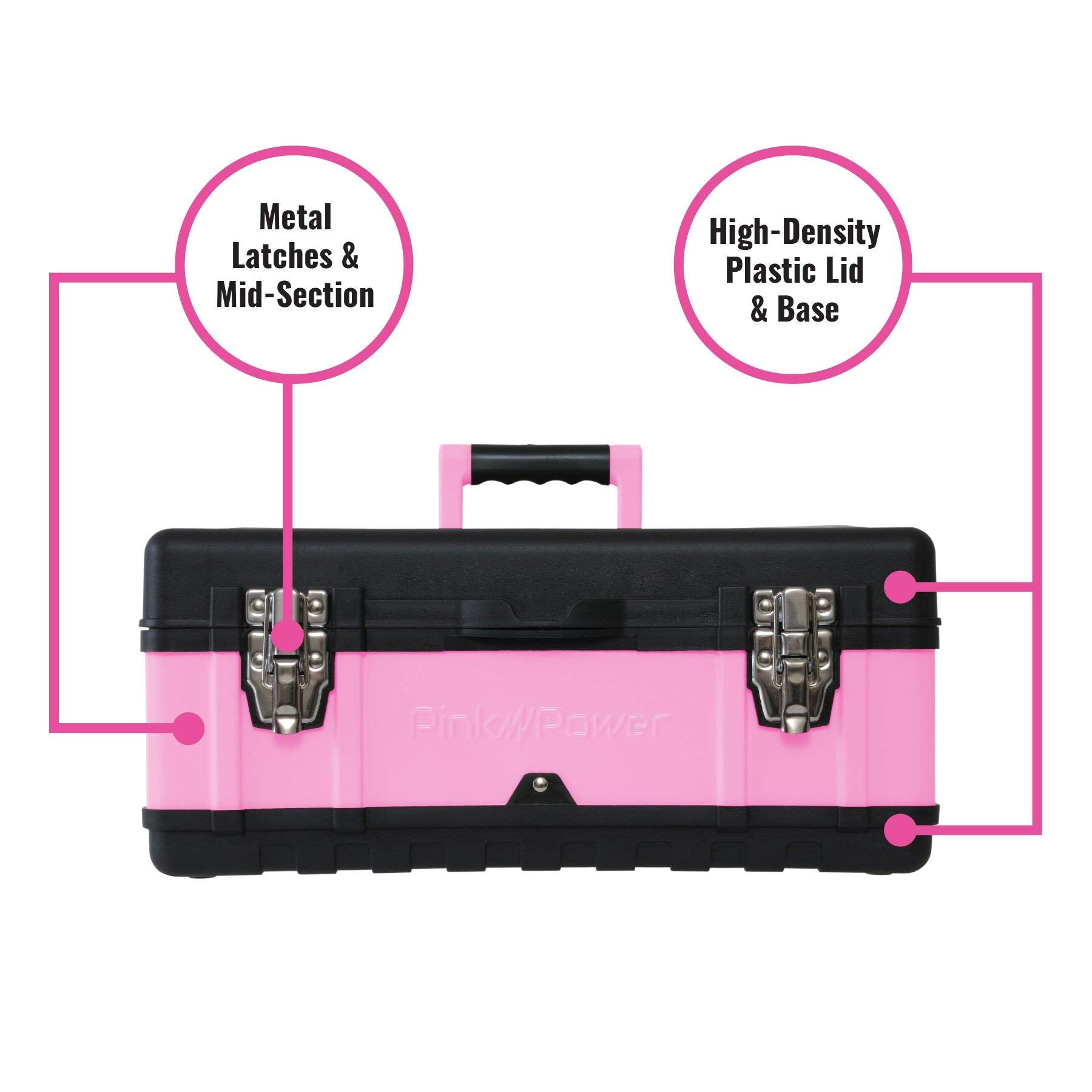 Pink Power pink tool box middle tray separates hand tools for organized storage.