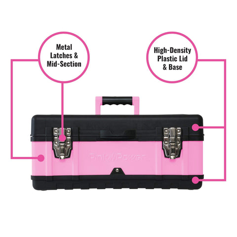 Pink Power pink tool box middle tray separates hand tools for organized storage.
