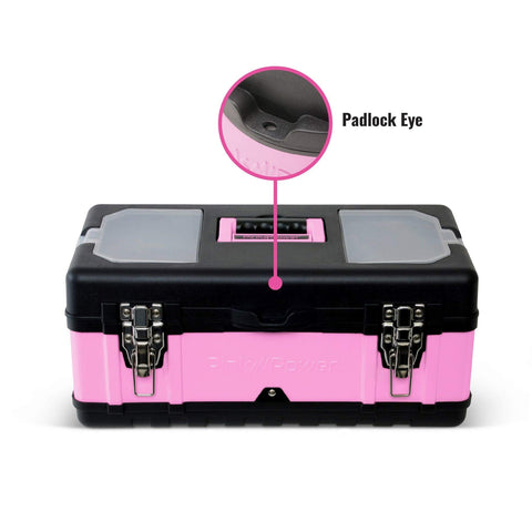 Pink Power soft grip handle makes transporting the toolbox effortless.