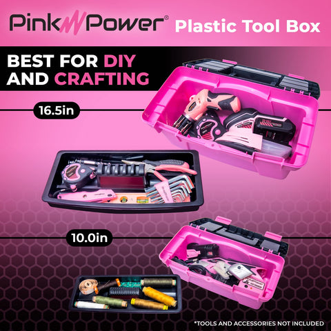 Pink Power sewing and craft box organized with compartments.