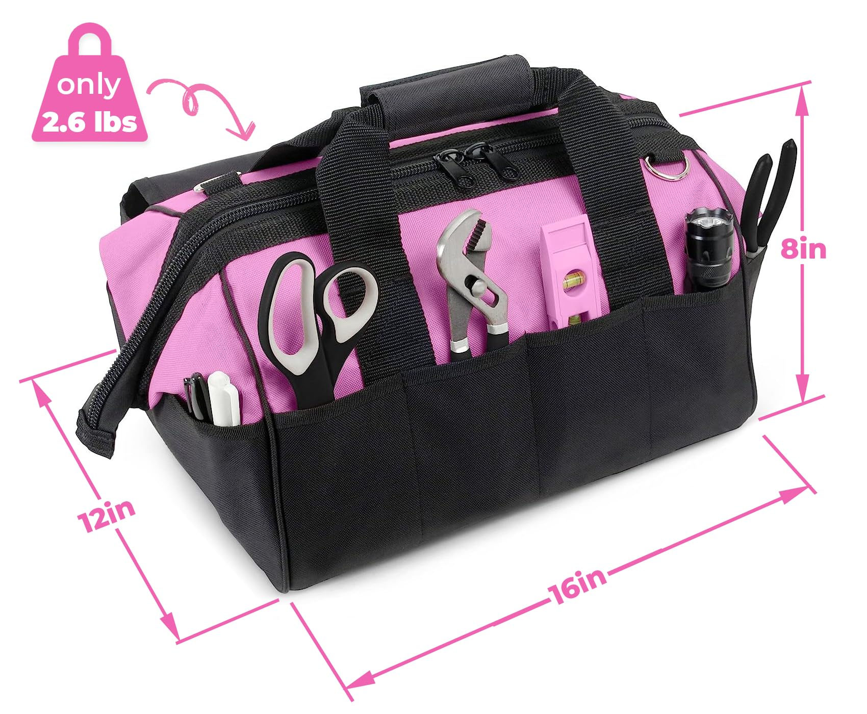 Pink Power tool bag shows full pocket layout for organized tool storage