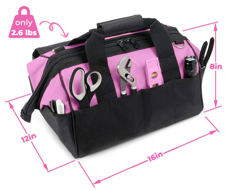 Pink Power tool bag shows full pocket layout for organized tool storage