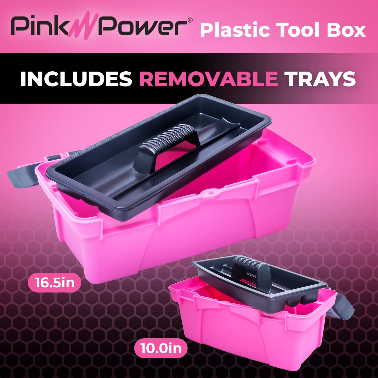 Pink Power toolbox showing dual locking latches for secure storage.