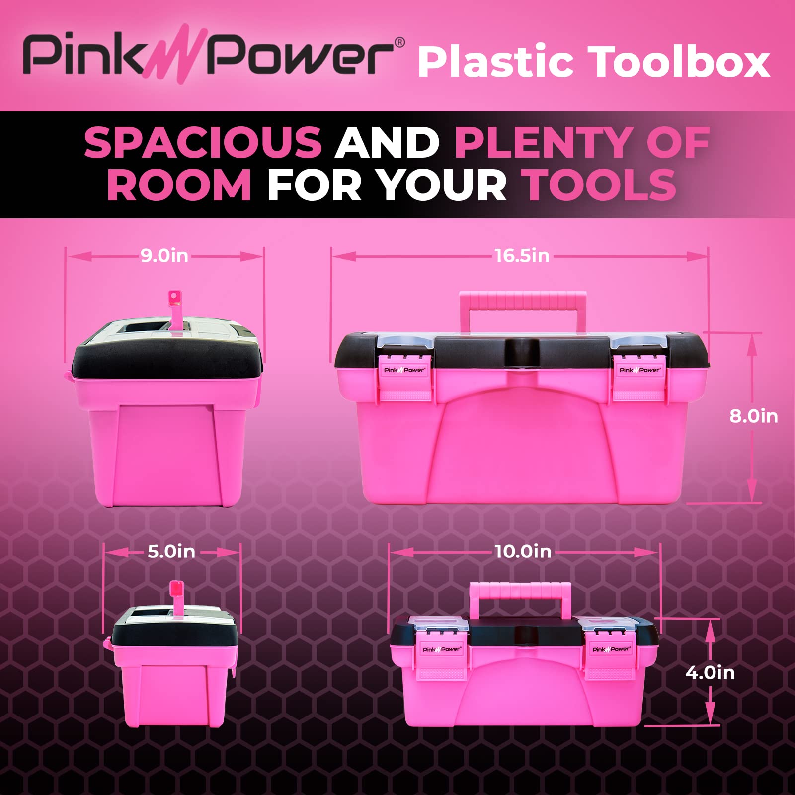 Pink Power large toolbox shown with handle for easy transport.