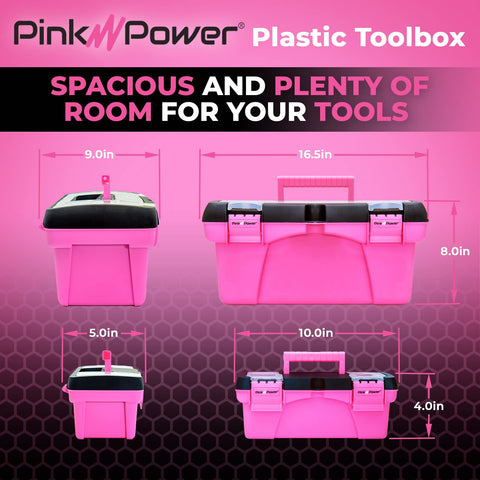 Pink Power large toolbox shown with handle for easy transport.
