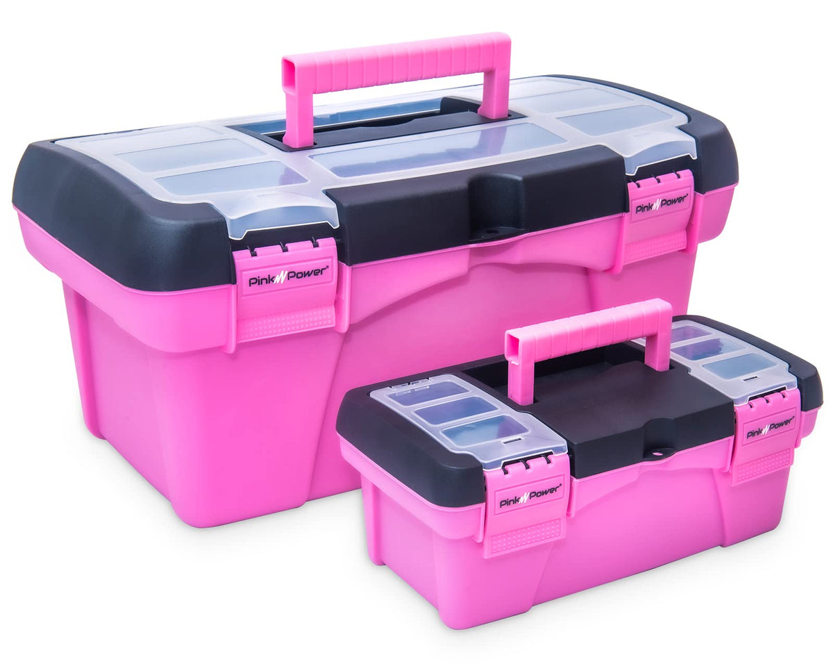 Pink Power large toolbox with lid compartments for organized tools.
