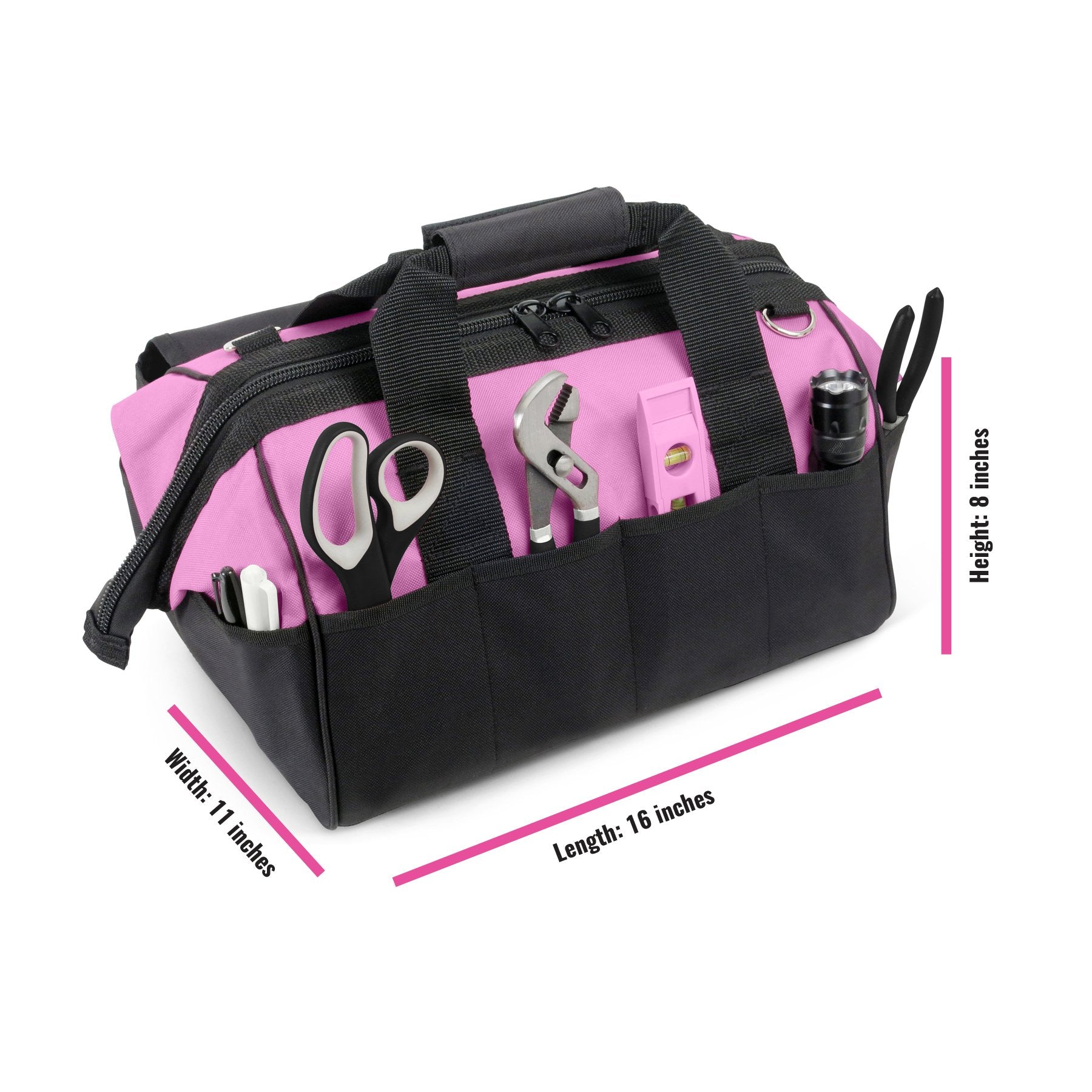 Pink Power wide-mouth tool bag with easy-access interior pockets