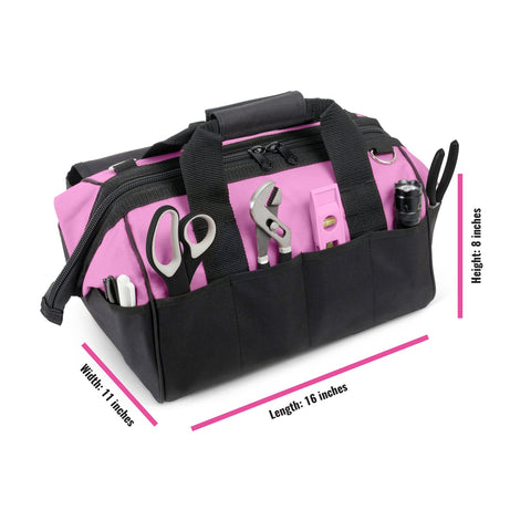 Pink Power wide-mouth tool bag with easy-access interior pockets