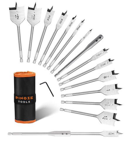 Pinoze 14-piece spade bit set with 6-inch extension for versatile wood drilling.