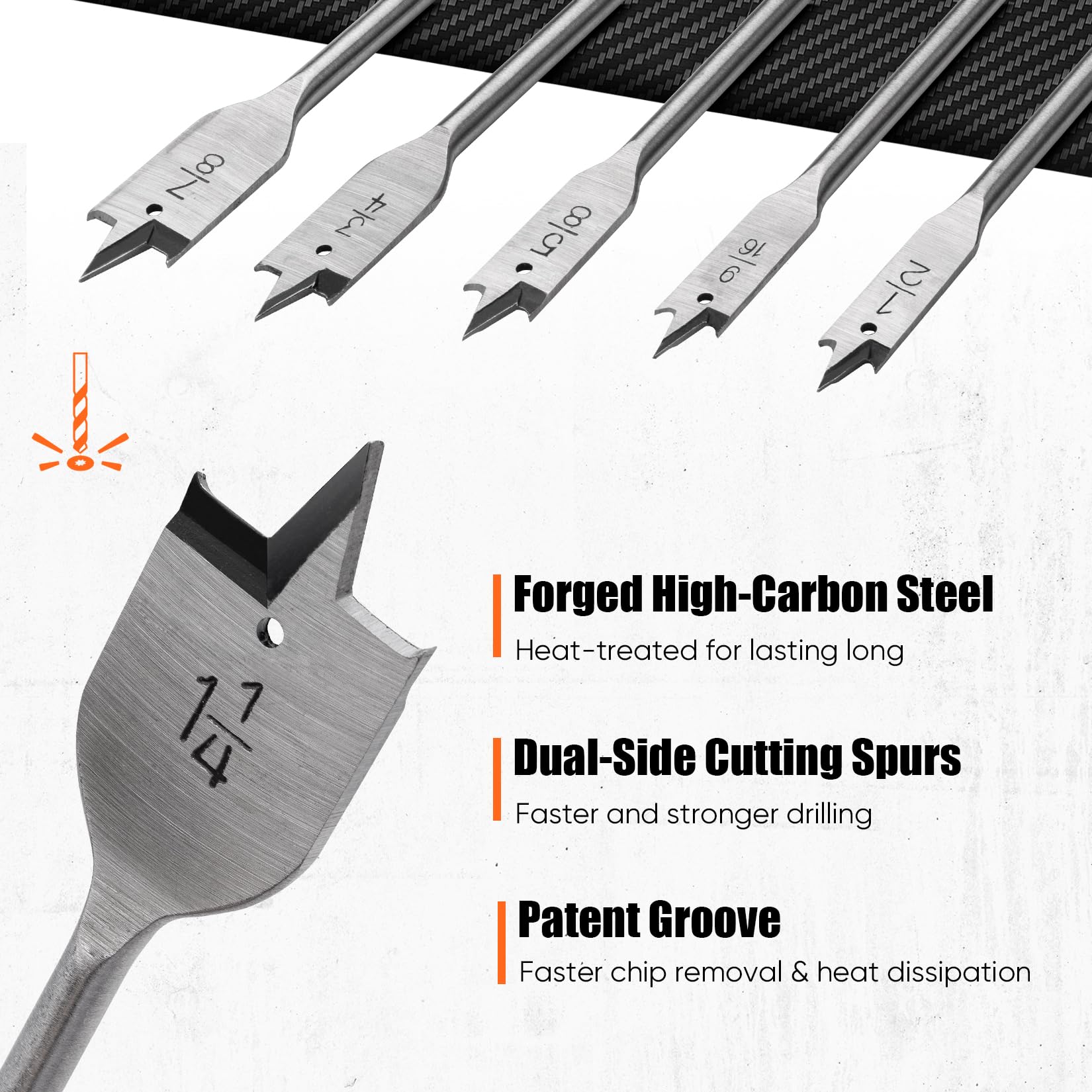 Pinoze dual-side cutting spurs aid wood biting and clean hole formation.