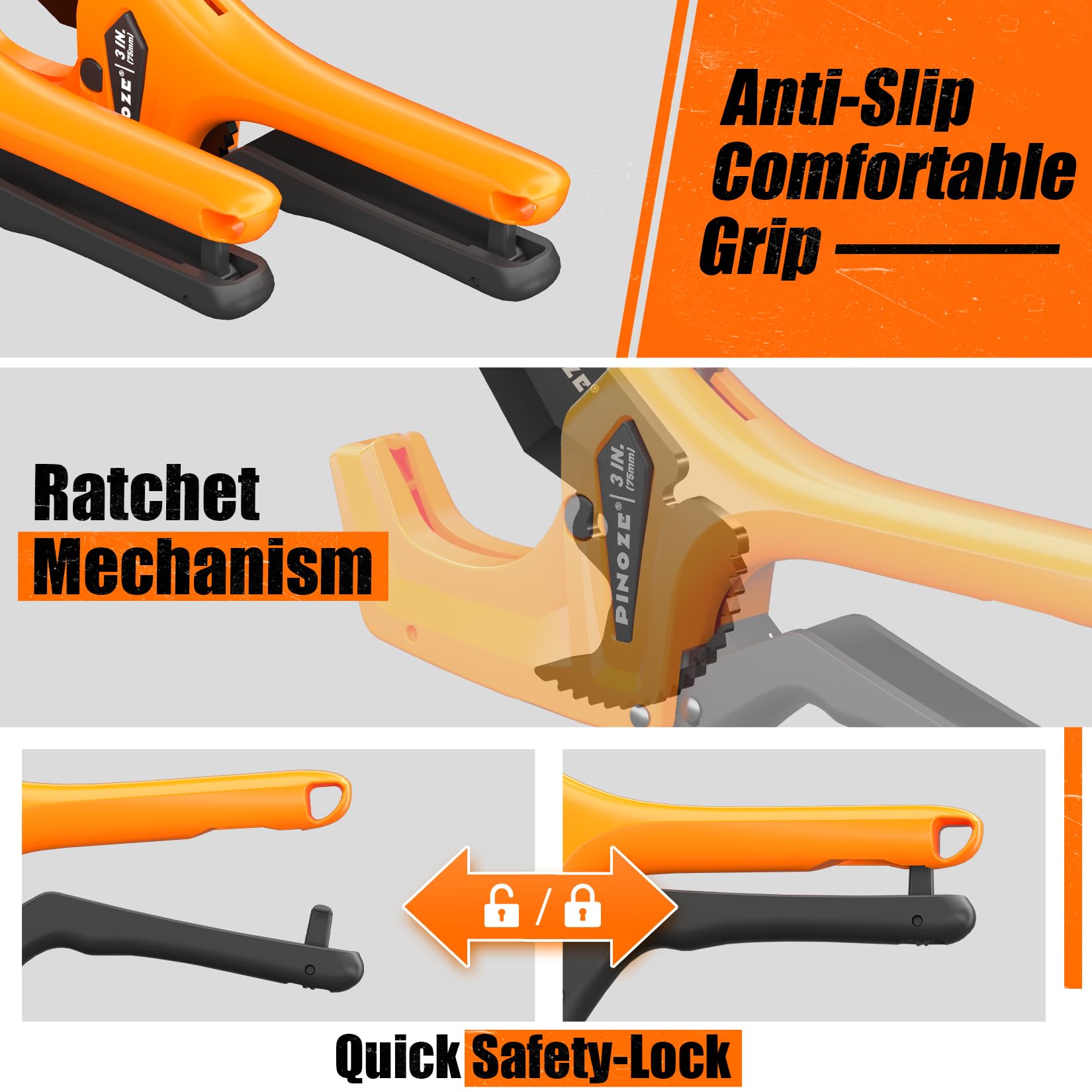 PINOZE ergonomic ABS-handle offers a comfortable, non-slip grip.