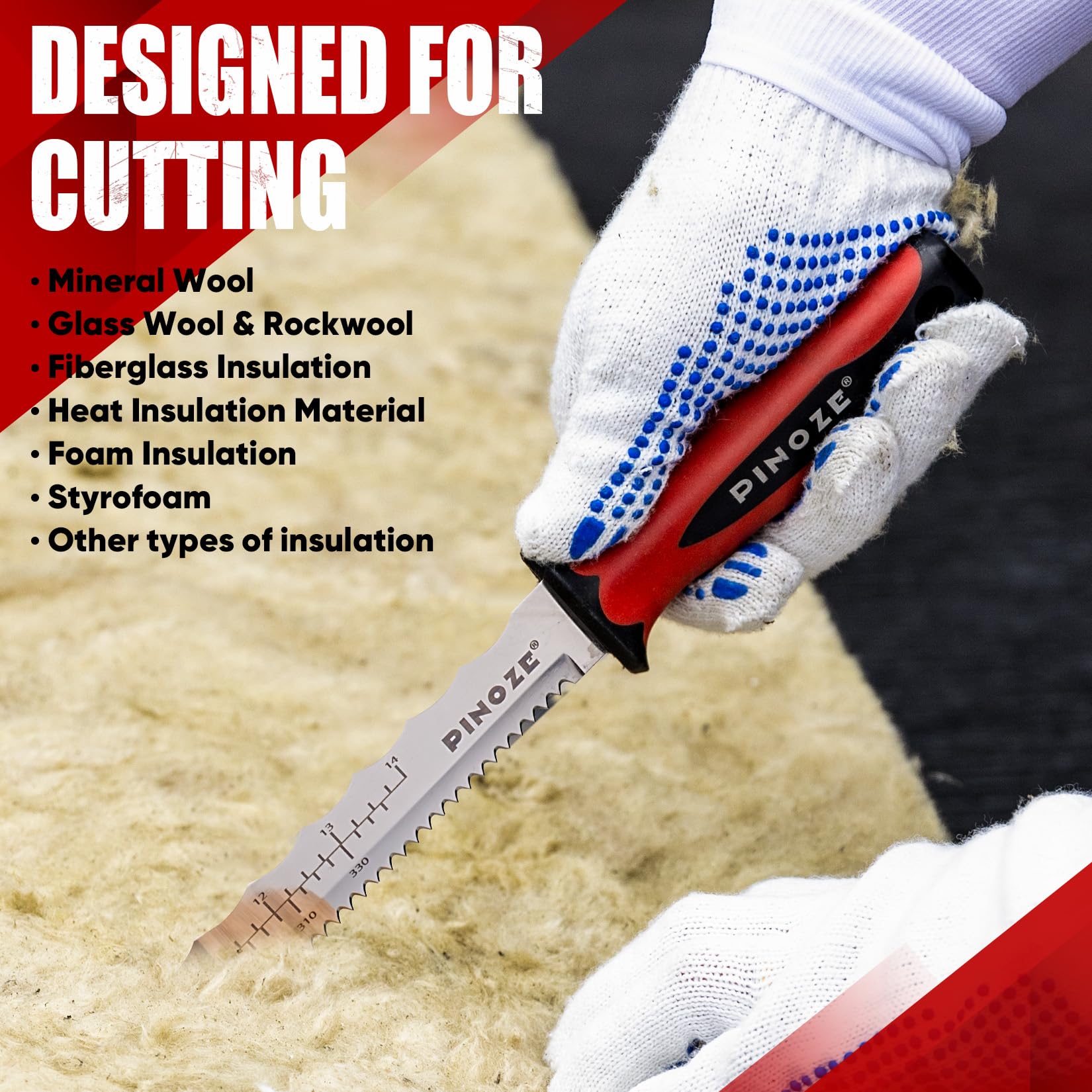 Pinoze versatile insulation knife ideal for rockwool, styrofoam, and fiberglass.